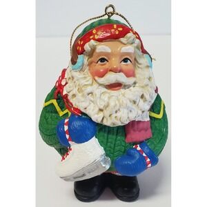 VTG Santa Ice Skating Christmas Ornament Resin Jolly Smile Ear Muffs Boots Scarf